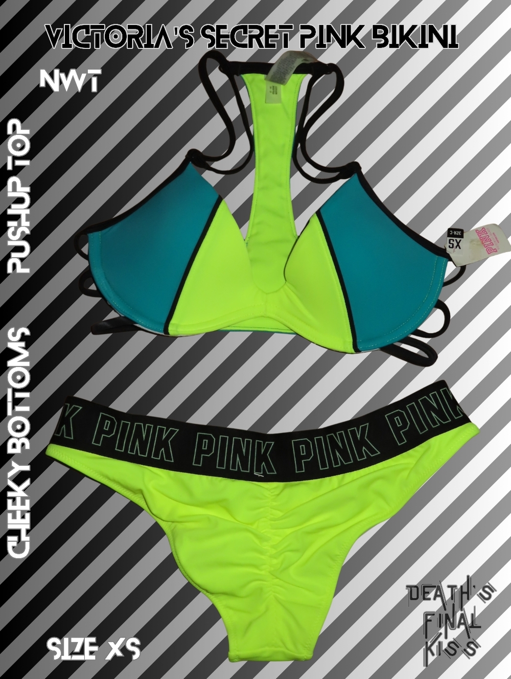 PINK Victoria's Secret sexy Neon Ruched Skimpy Cheeky Bottoms Push Up Bikini XS
